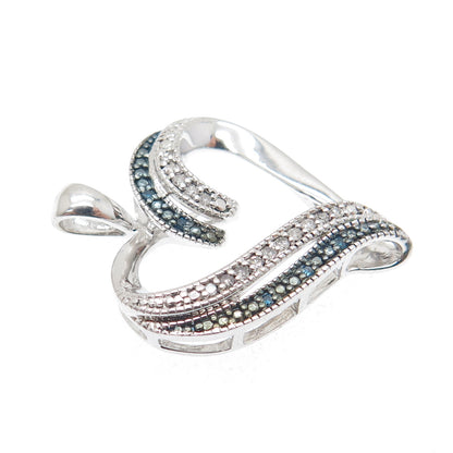 SUN 925 Sterling Silver Real Round-Cut White & Blue Diamond Heart Pendant