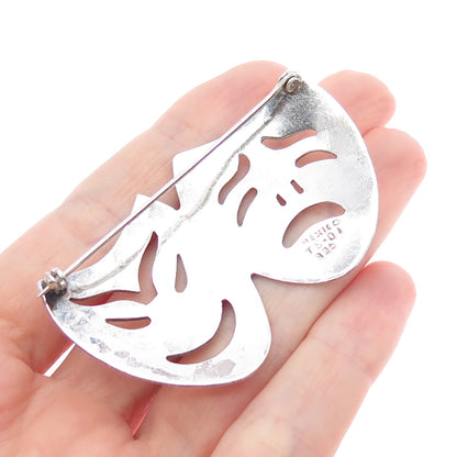 925 Sterling Silver Vintage Mexico Comedy & Tragedy Masks Oxidized Pin Brooch