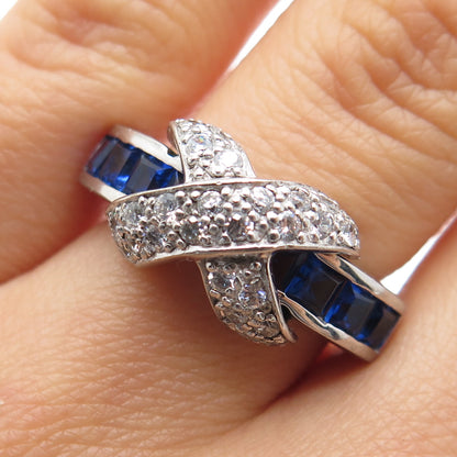 SETA 925 Sterling Silver Blue & White C Z Crisscross Ring Size 7.25
