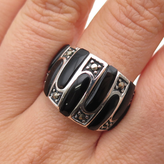 925 Sterling Silver Vintage Real Black Onyx & Marcasite Modernist Ring Size 8.75