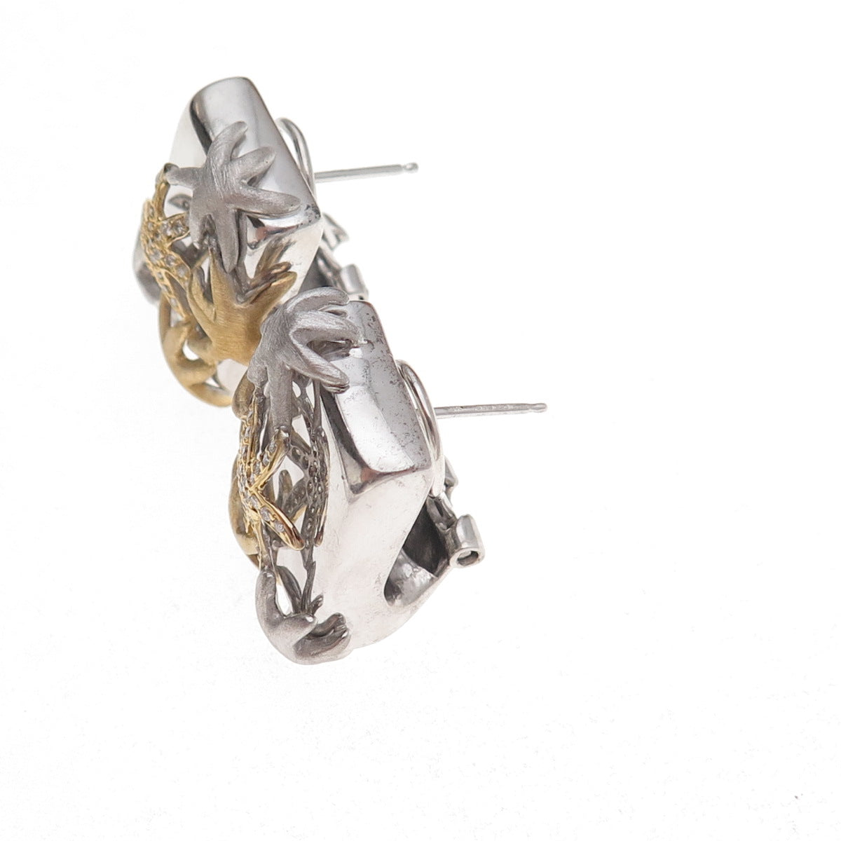 Sonia Boyajian Sterling Silver 2-Tone Real Diamond Starfish Omega Back Earrings