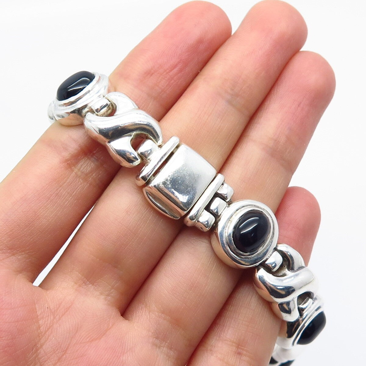 925 Sterling Silver Vintage Italy Real Black Onyx Gem XO Link Bracelet 7.75"
