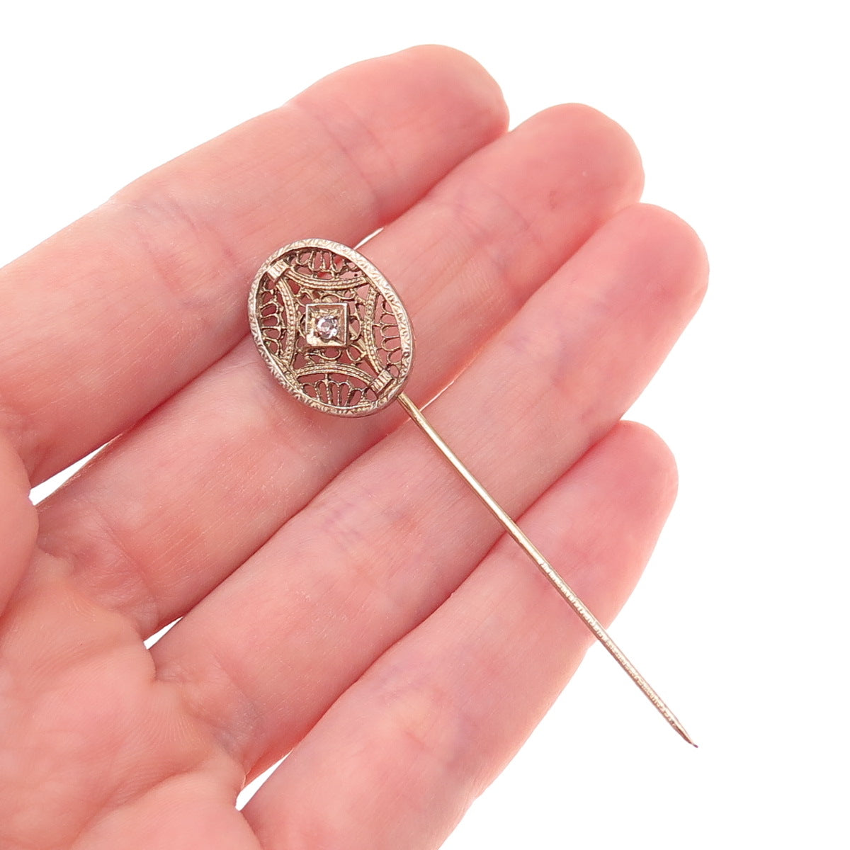 925 Sterling Silver Gold Plated Antique Art Deco Rhinestone Filigree Lapel Pin