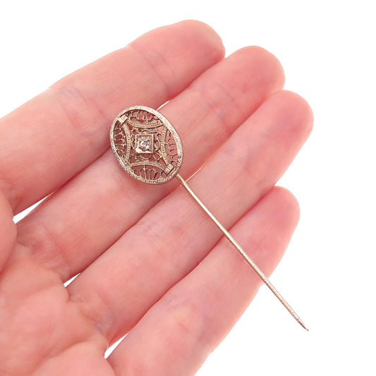 925 Sterling Silver Gold Plated Antique Art Deco Rhinestone Filigree Lapel Pin