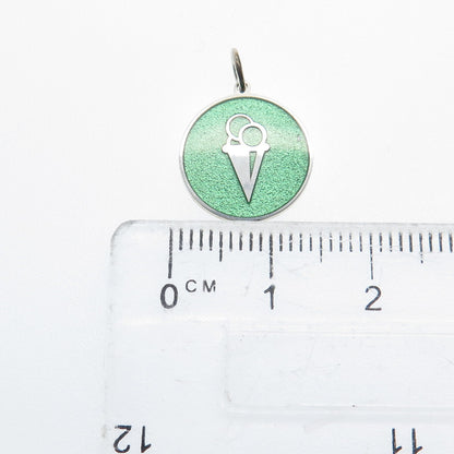 925 Sterling Silver Green Enamel Ice Cream Round Tag Minimalist Charm Pendant