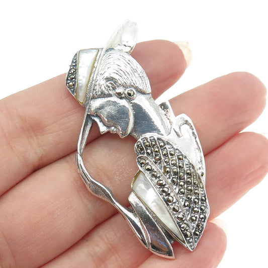 925 Sterling Silver Vintage Mother-of-Pearl & Marcasite Gem lady in Hat Brooch