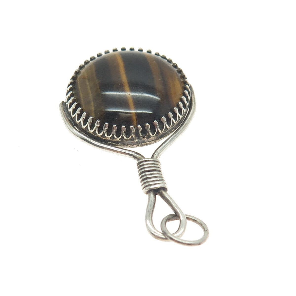 925 Sterling Silver Vintage Real Cabochon Tiger Eye Modernist Pendant