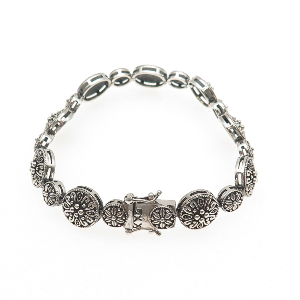 925 Sterling Silver Vintage Floral Disc Link Oxidized Bracelet 7"