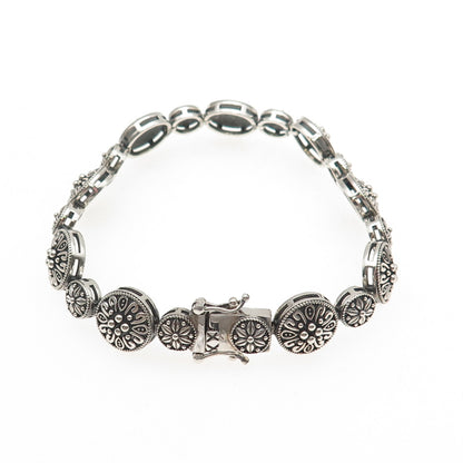 925 Sterling Silver Vintage Floral Disc Link Oxidized Bracelet 7"