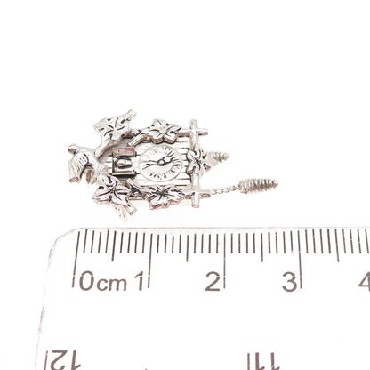 800 Silver Antique Art Deco Cuckoo Clock Oxidized 3D Charm Pendant