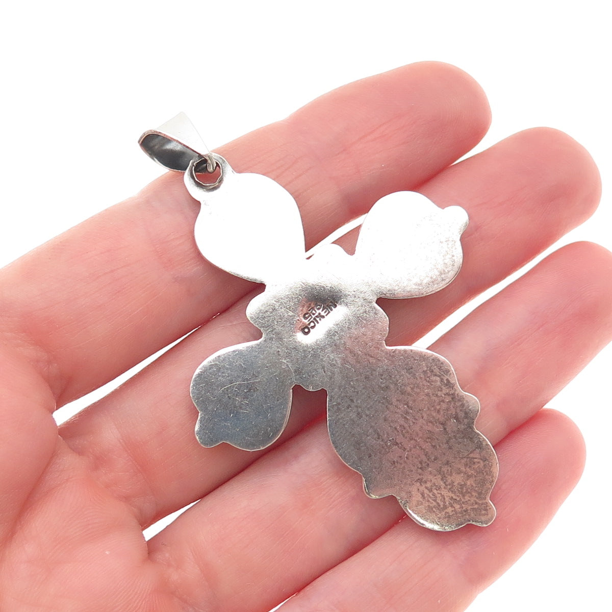 925 Sterling Silver Vintage Mexico Heart Ornate Cross Oxidized Pendant