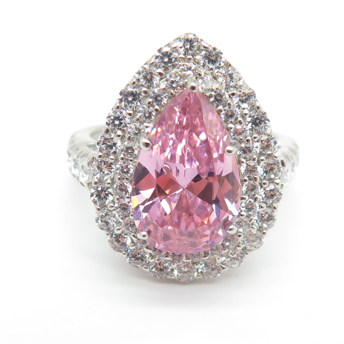 925 Sterling Silver Pear & Round-Cut Pink White C Z Promise Ring Size 7.75