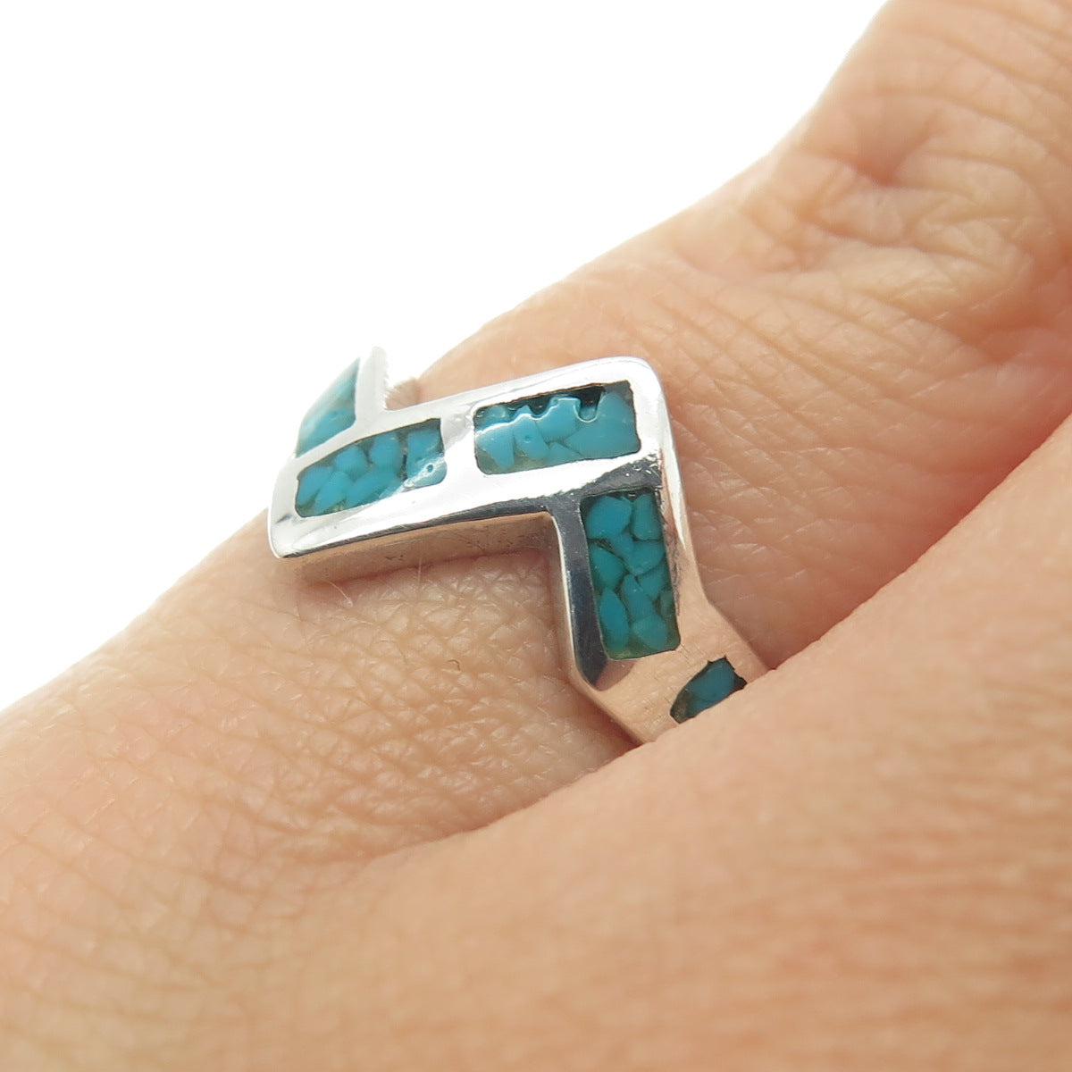 Old Pawn 925 Sterling Silver Southwestern Turquoise Inlay Zig Zag Ring Size 5.5