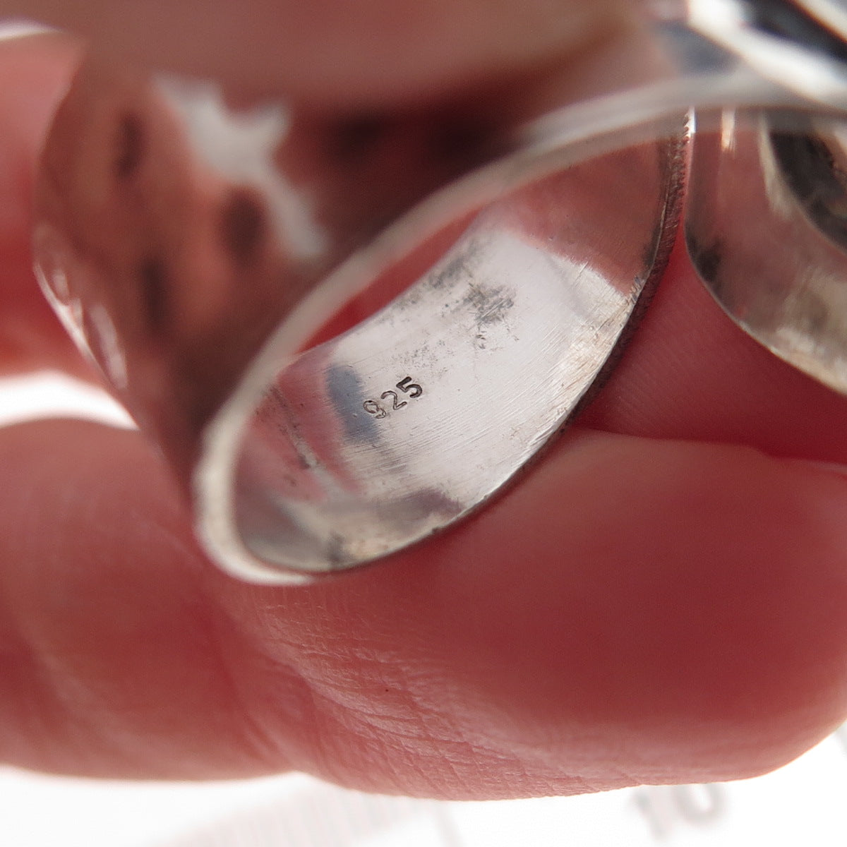 925 Sterling Silver Vintage Real Rose Quartz Hammered Adjustable Ring Size 7.5