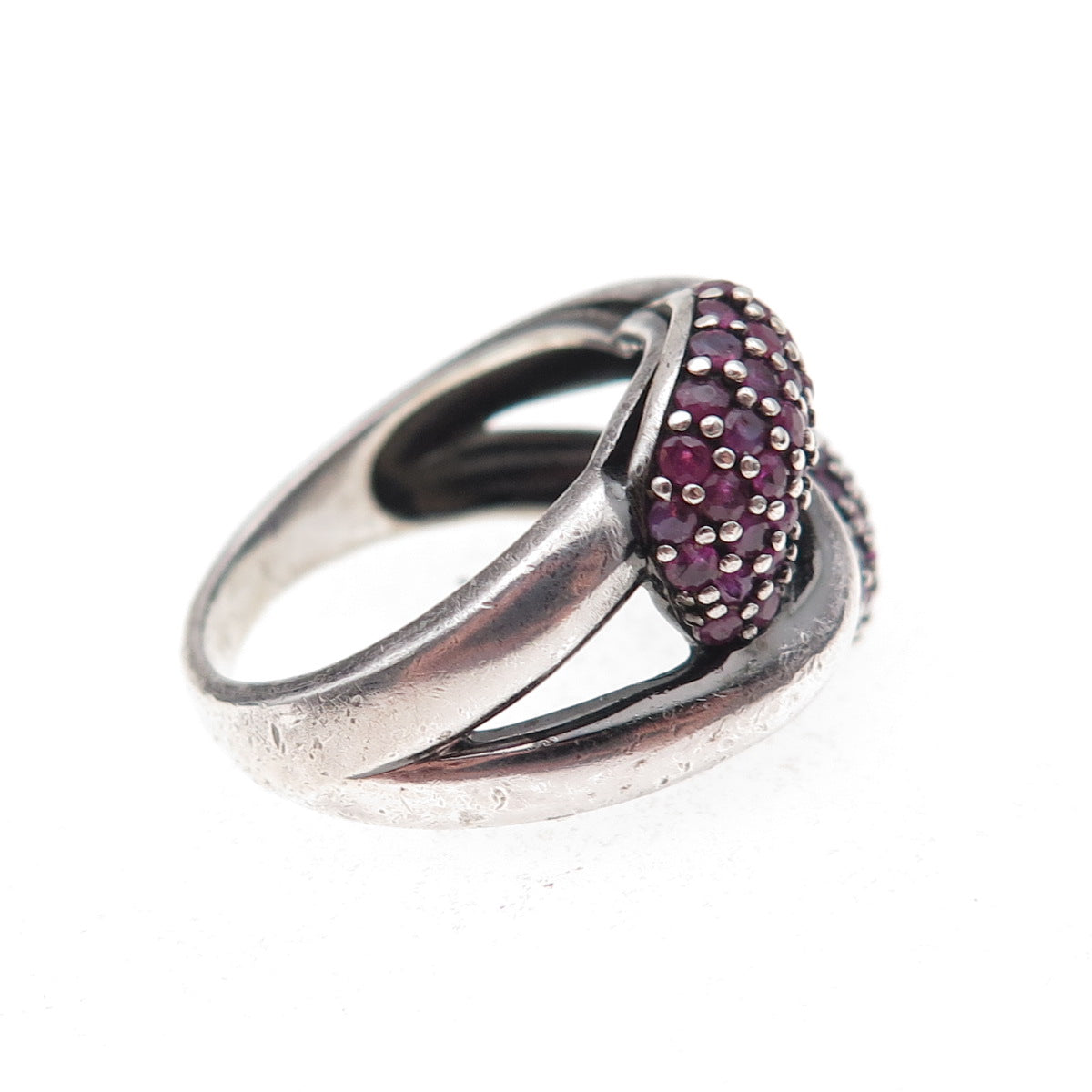 925 Sterling Silver Vintage Real Round-Cut Ruby Interlocked Ring Size 8.25