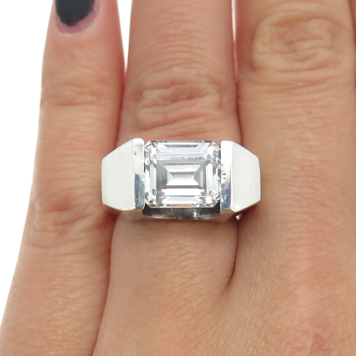 925 Sterling Silver Vintage Asscher-Cut C Z Modernist Ring Size 5.75