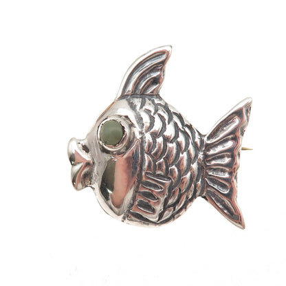 925 Sterling Silver Vintage Mexico Real Turquoise Fish Oxidized Pin Brooch