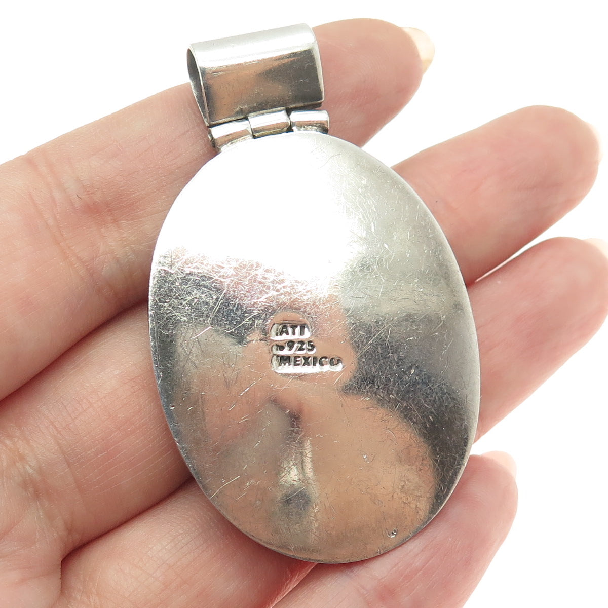 ATI 925 Sterling Silver Vintage Mexico Real Mother-of-Pearl Oval Slide Pendant