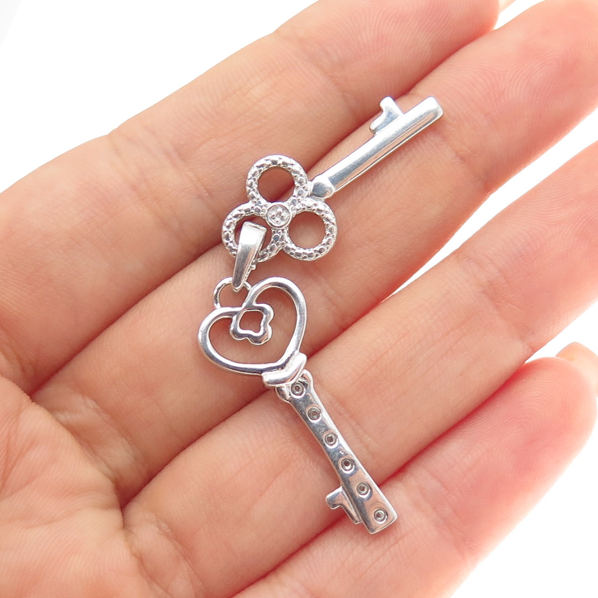 925 Sterling Silver Real Round-Cut Diamond Heart & Club Key Charm Pendant
