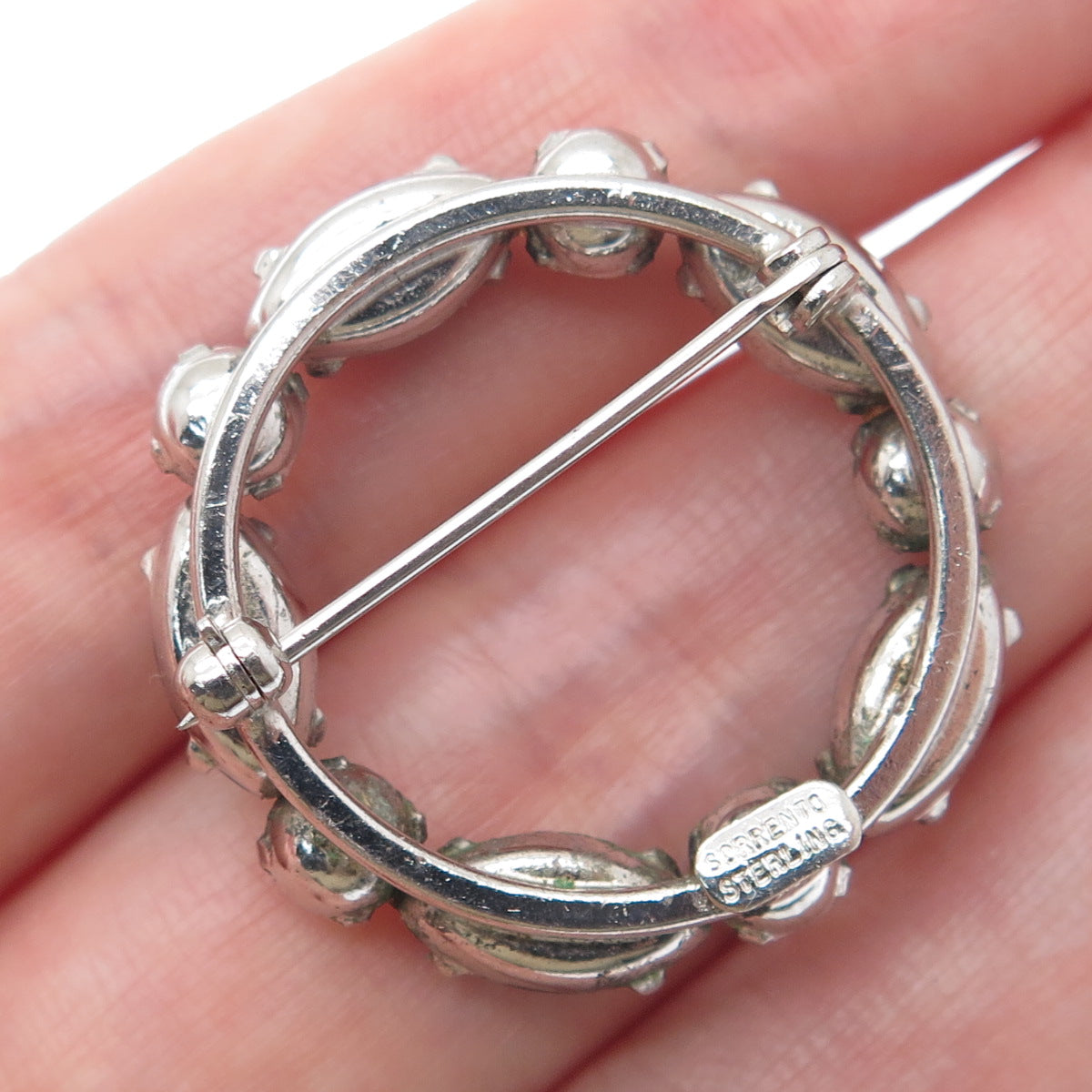 SORRENTO 925 Sterling Silver Vintage Real Hematite & Pearl Circle Pin Brooch