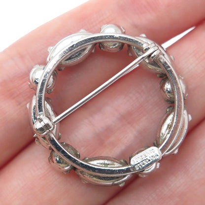 SORRENTO 925 Sterling Silver Vintage Real Hematite & Pearl Circle Pin Brooch