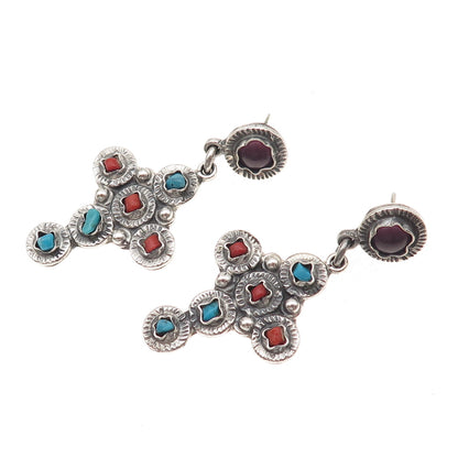 925 Sterling Silver Vintage Mexico Real Turquoise Coral Amethyst Cross Earrings