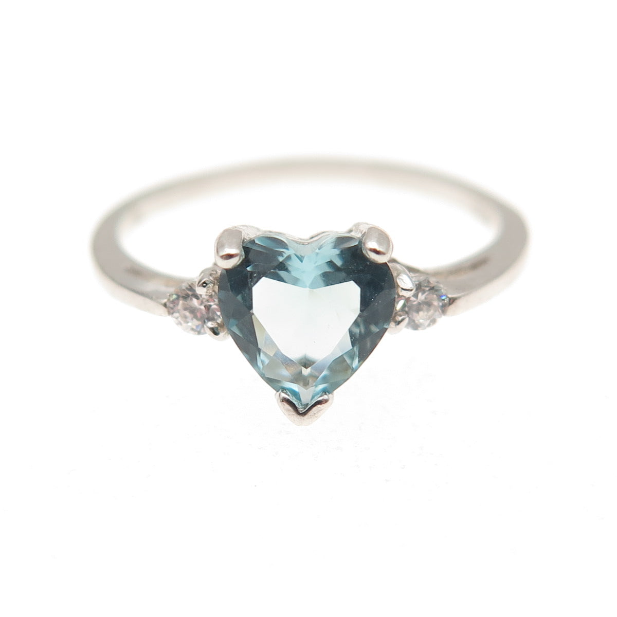 925 Sterling Silver Vintage Blue & White C Z Heart Ring Size 4.75