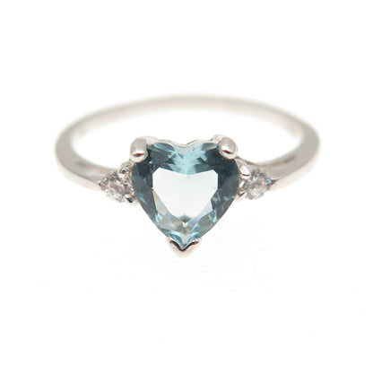 925 Sterling Silver Vintage Blue & White C Z Heart Ring Size 4.75