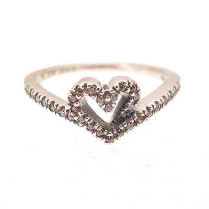 Pandora 925 Sterling Silver C Z Sparkling Wishbone Heart Ring Size 4.5