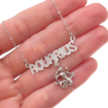 925 Sterling Silver Vintage Aquarius Zodiac Sign Cable Chain Necklace 18"