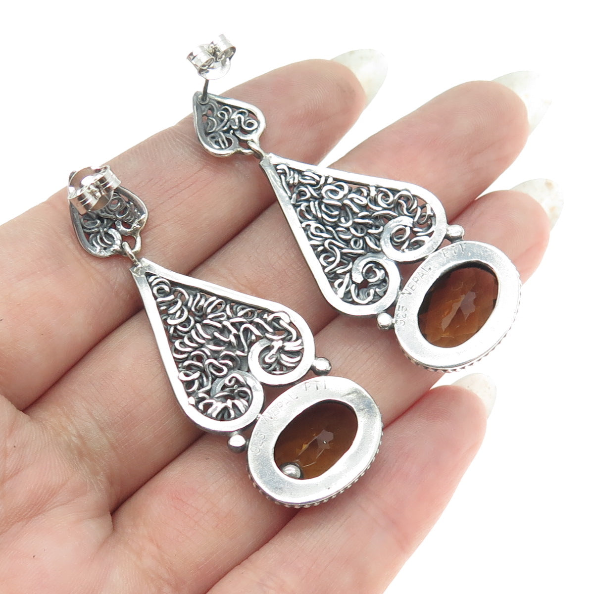 925 Sterling Silver Vintage Real Citrine Filigree Seashell Dangling Earrings