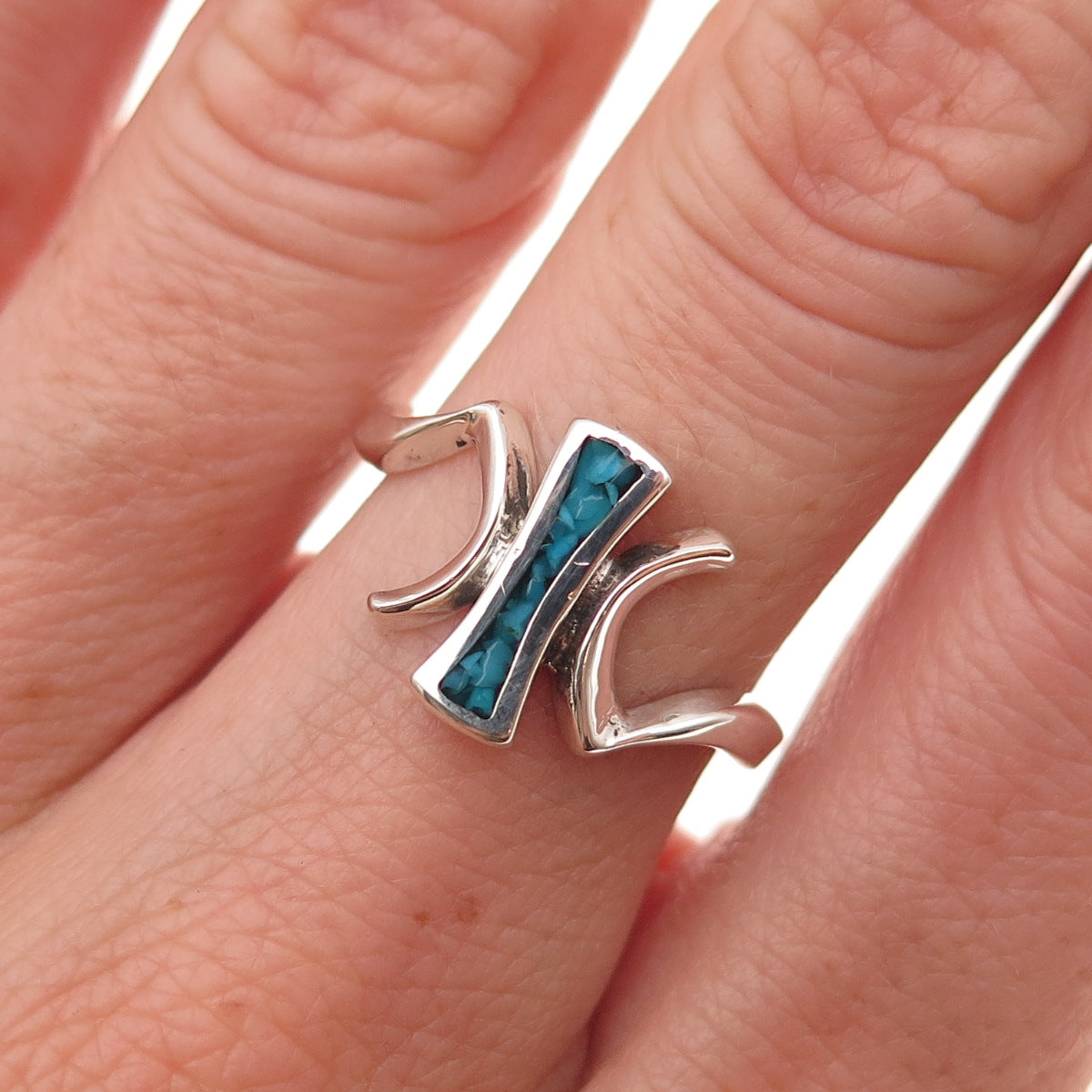 Old Pawn 925 Sterling Silver Vintage Southwestern Turquoise Inlay Ring Size 6.5