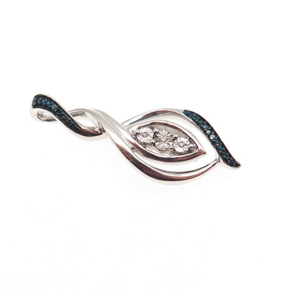 925 Sterling Silver Real Round-Cut Blue & White Diamond Twisted Charm Pendant