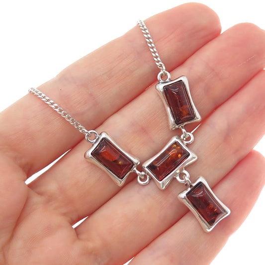 925 Sterling Silver Vintage Real Amber Modernist Curb Chain Necklace 16"