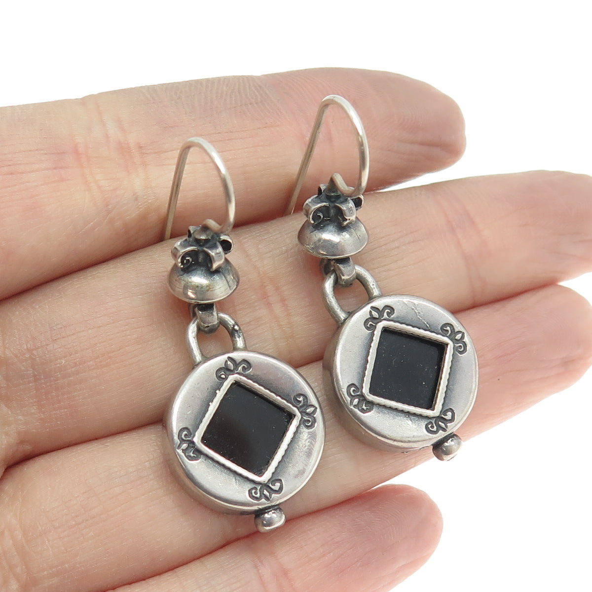 DIDAE 925 Sterling Silver Vintage Real Black Onyx Gem Ethnic Dangling Earrings