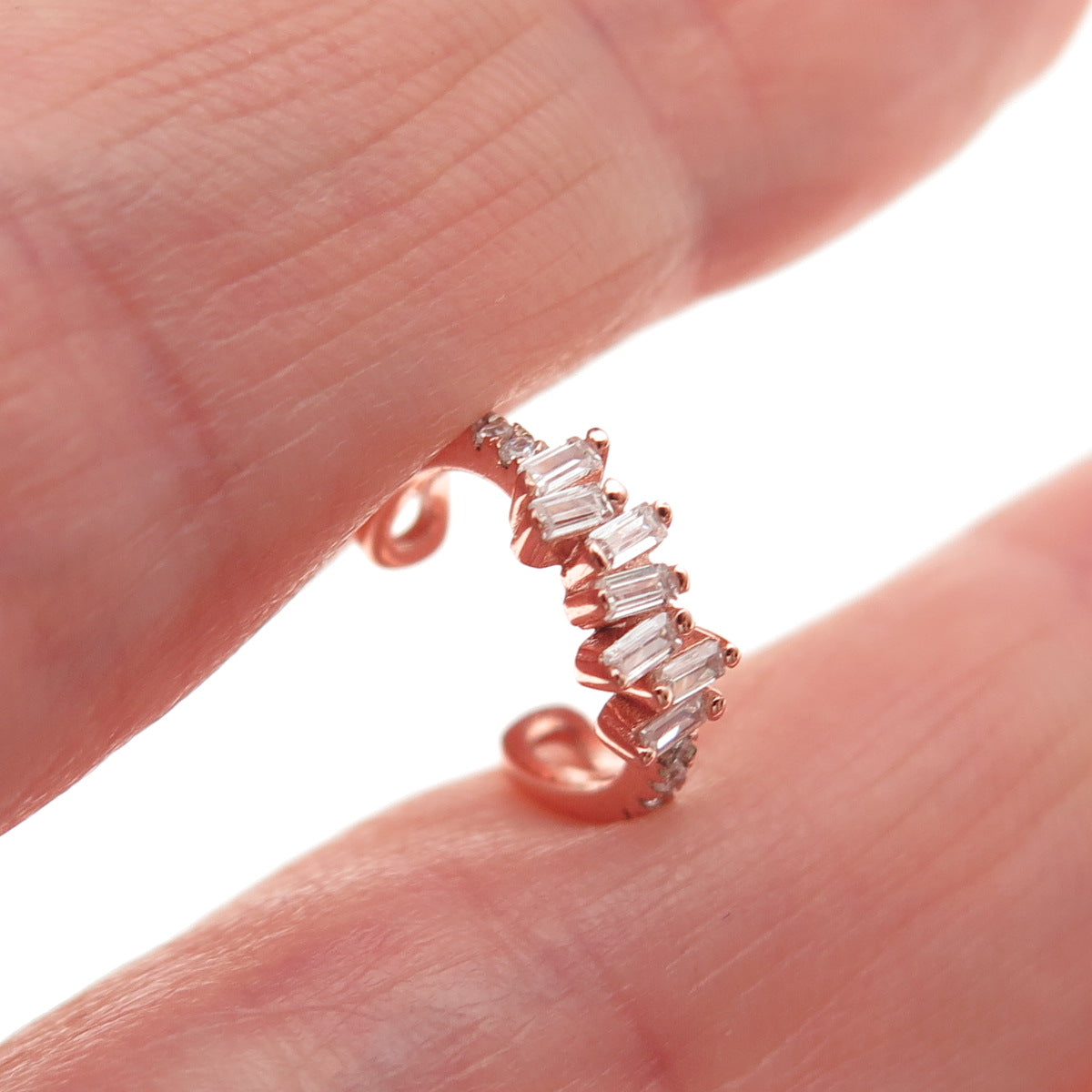 925 Sterling Silver Rose Gold Plated Round & Emerald-Cut C Z SINGLE Cuff Earring