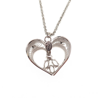 AmLee Sterling Silver Antique Art Deco Rhinestone Heart Filigree Necklace 16"