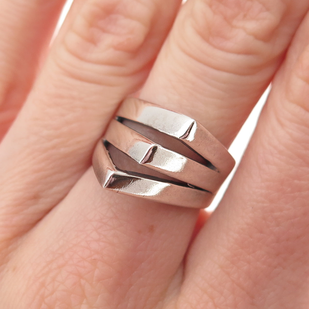925 Sterling Silver Vintage Modernist 3-Row Oxidized Ring Size 6