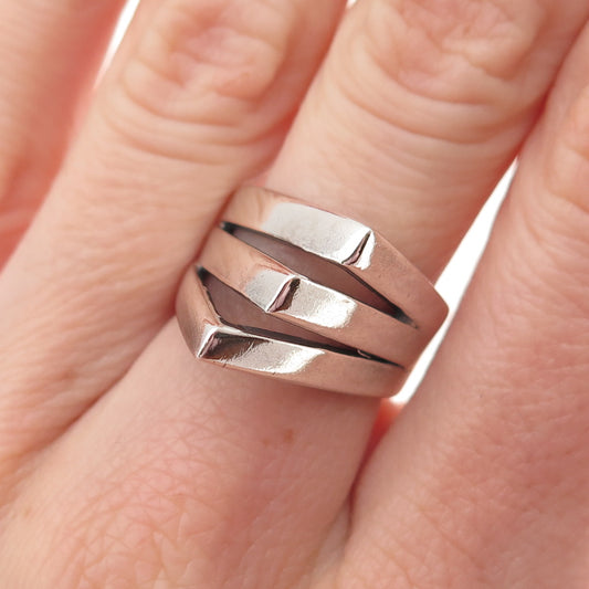 925 Sterling Silver Vintage Modernist 3-Row Oxidized Ring Size 6