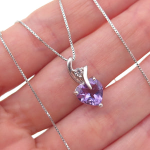 925 Sterling Silver Real Amethyst & White Topaz Heart Box Chain Necklace 18"