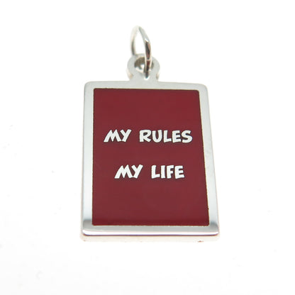 925 Sterling Silver Red Enamel "My Rules My Life" Minimalist Charm Pendant