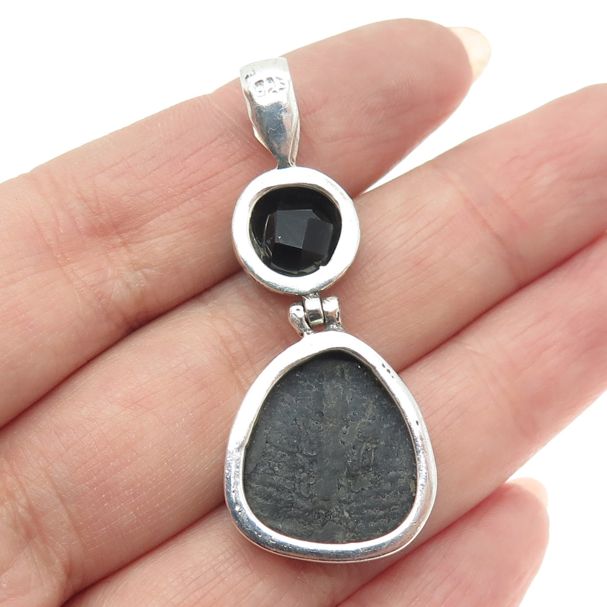 925 Sterling Silver Real Trilobite Fossil & Black Spinel Gem Amulet Pendant