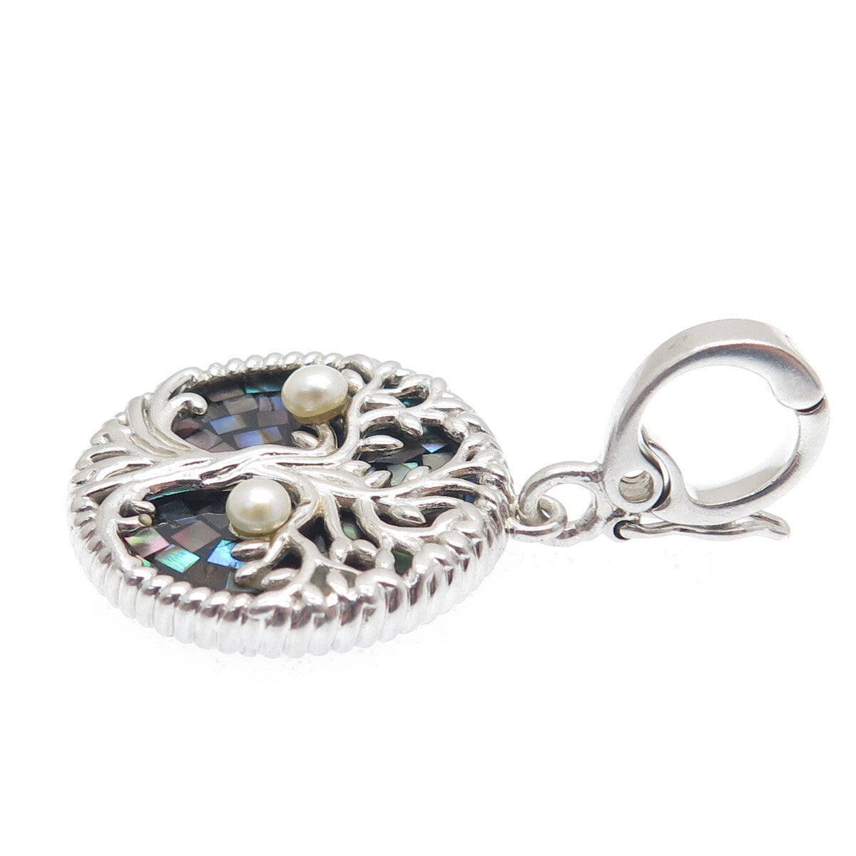 925 Sterling Silver Vintage Real Pearl Abalone Shell Inlay Tree of Life Pendant