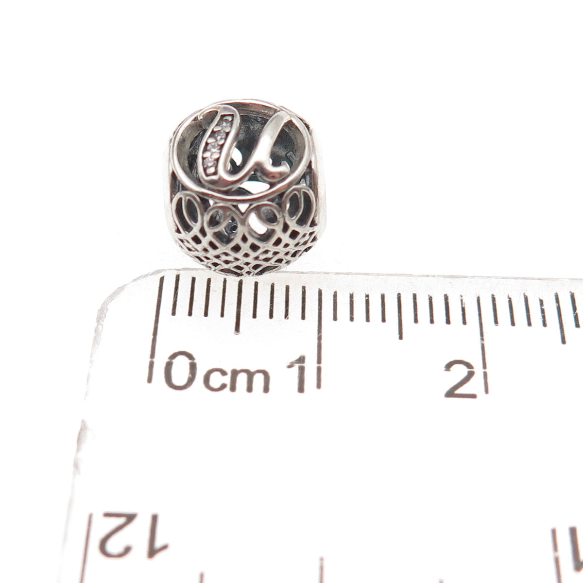 Pandora 925 Sterling Silver C Z Letter U Initial Slide Bead Charm