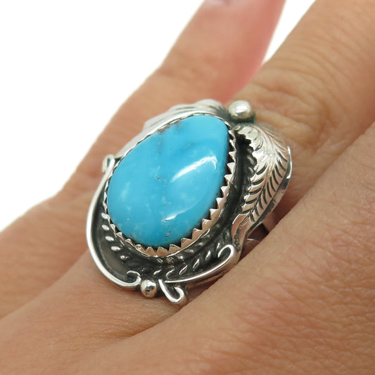 Old Pawn Sterling Silver Southwestern Turquoise Feather Tribal Ring Size 5.25