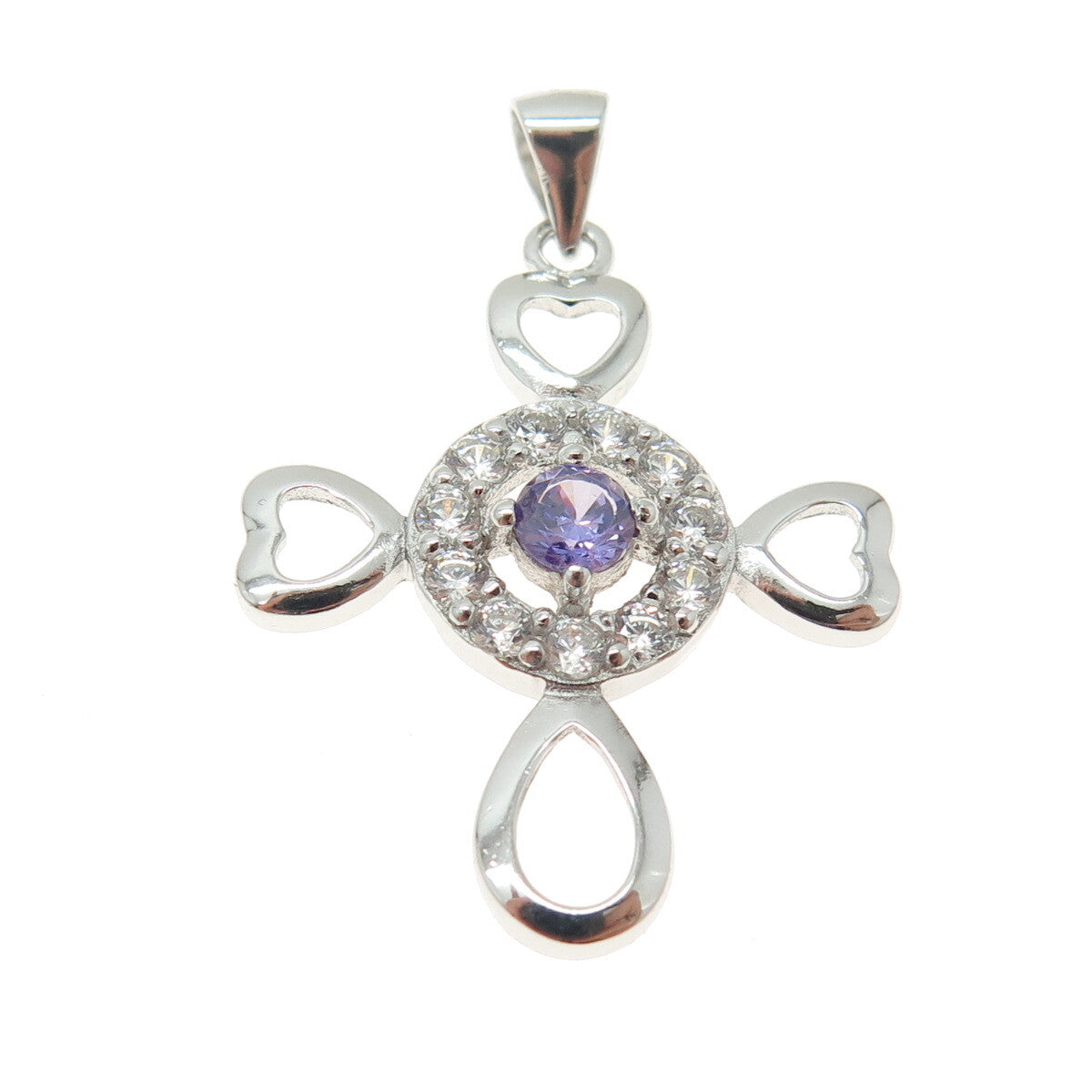 925 Sterling Silver Round-Cut Purple & White C Z Heart Cross Pendant
