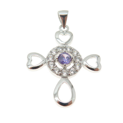 925 Sterling Silver Round-Cut Purple & White C Z Heart Cross Pendant