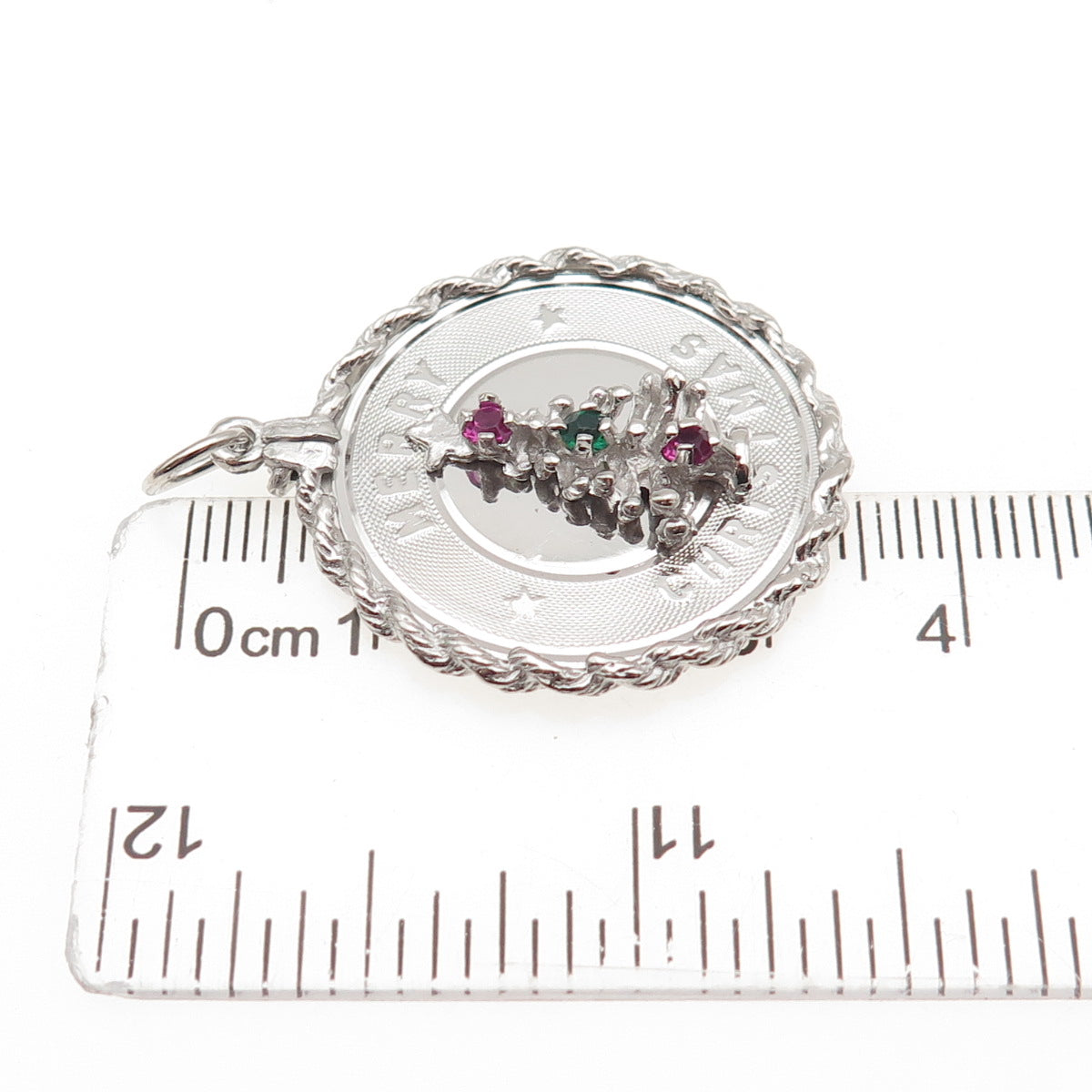 925 Sterling Silver Vintage Rhinestone Merry Christmas Tree Charm Pendant