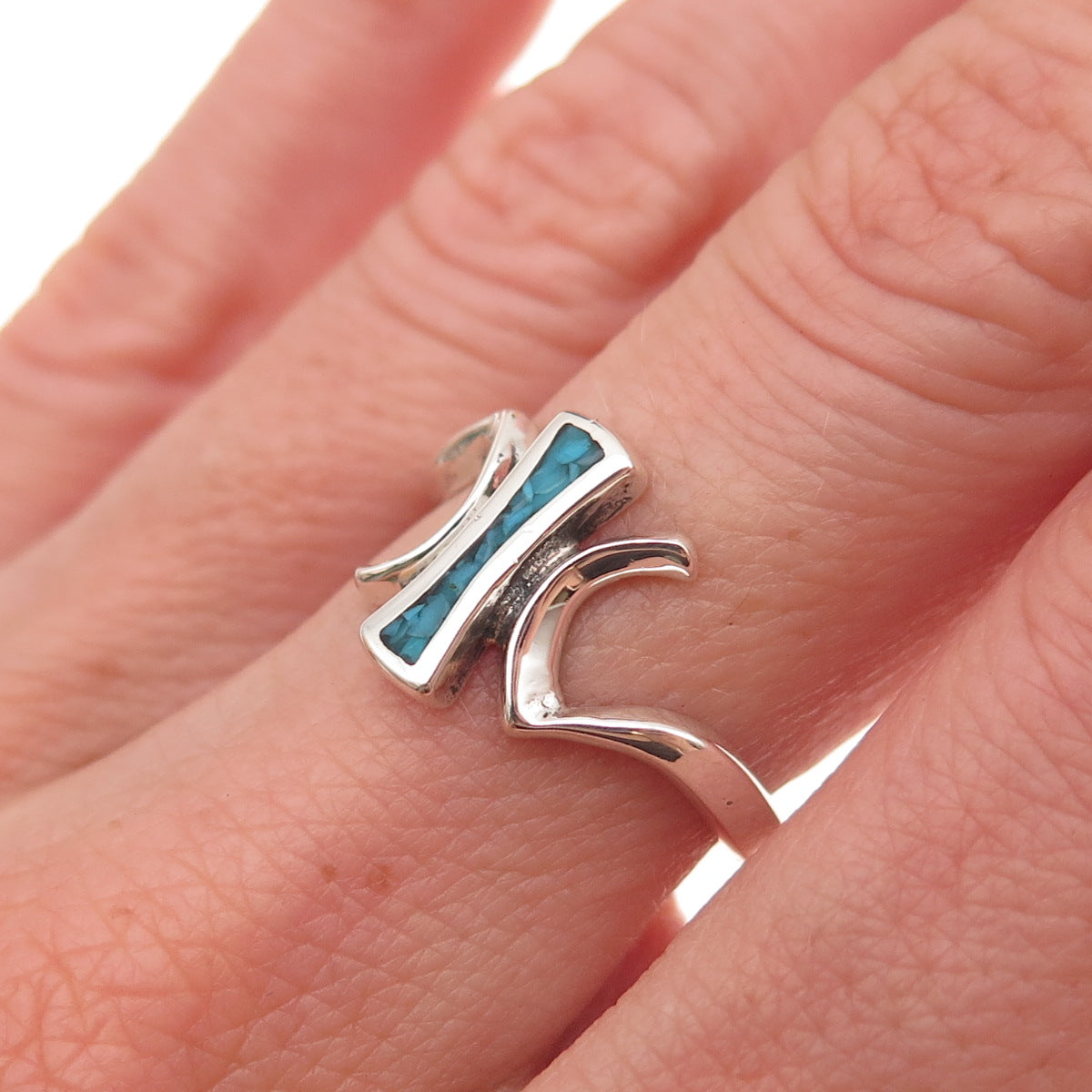 Old Pawn 925 Sterling Silver Vintage Southwestern Turquoise Inlay Ring Size 6.5
