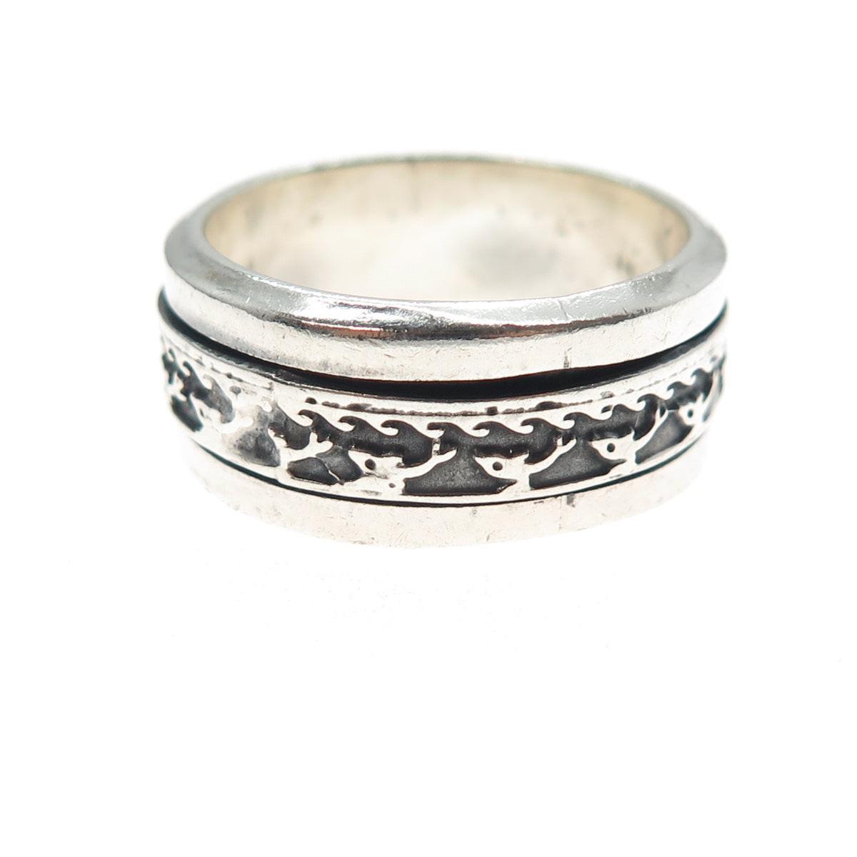 925 Sterling Silver Vintage Mexico Dolphin Rotating Band Oxidized Ring Size 10.5